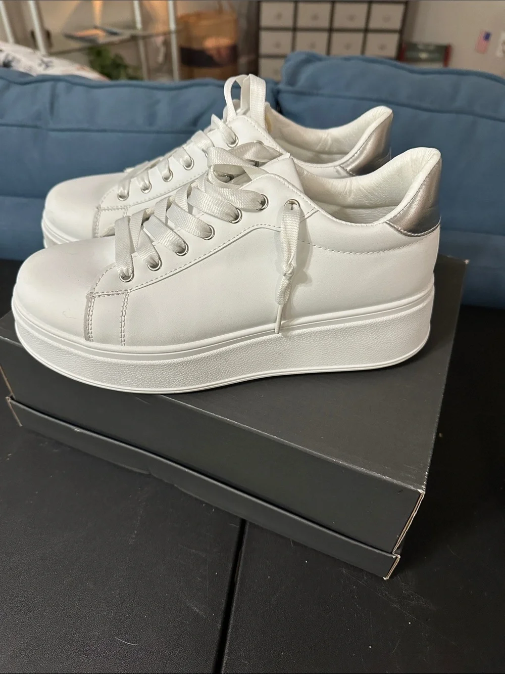 GND Women’s White Platform Sneakers with Silver Heel Accent
